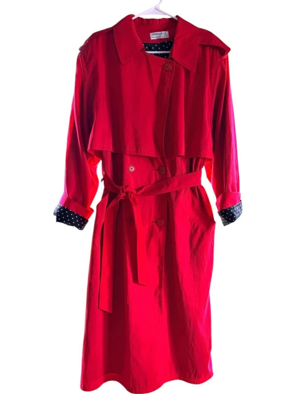 Vintage Forecaster of Boston Red Trench Coat Petite 16 Belted Polka Dot Lining